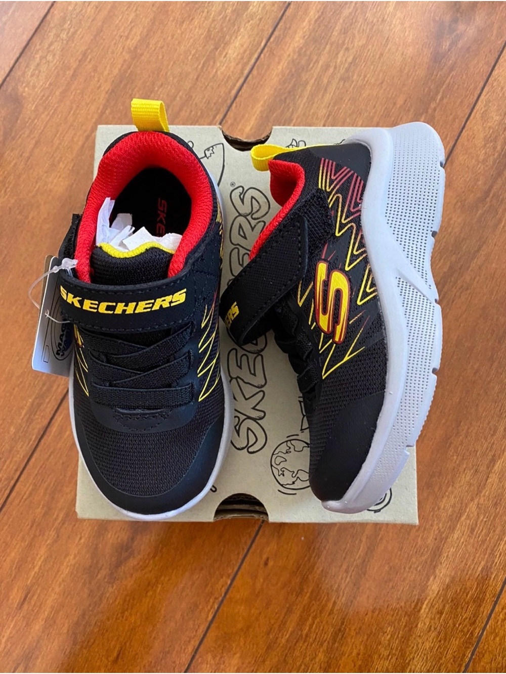 New boys Skechers sz 6, 7, 10.5 Black Shoes with Red & Yellow Accents